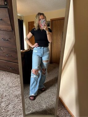 Flying monkey High-Rise Light Wash Distressed Wide-Leg Jeans - Light Blue